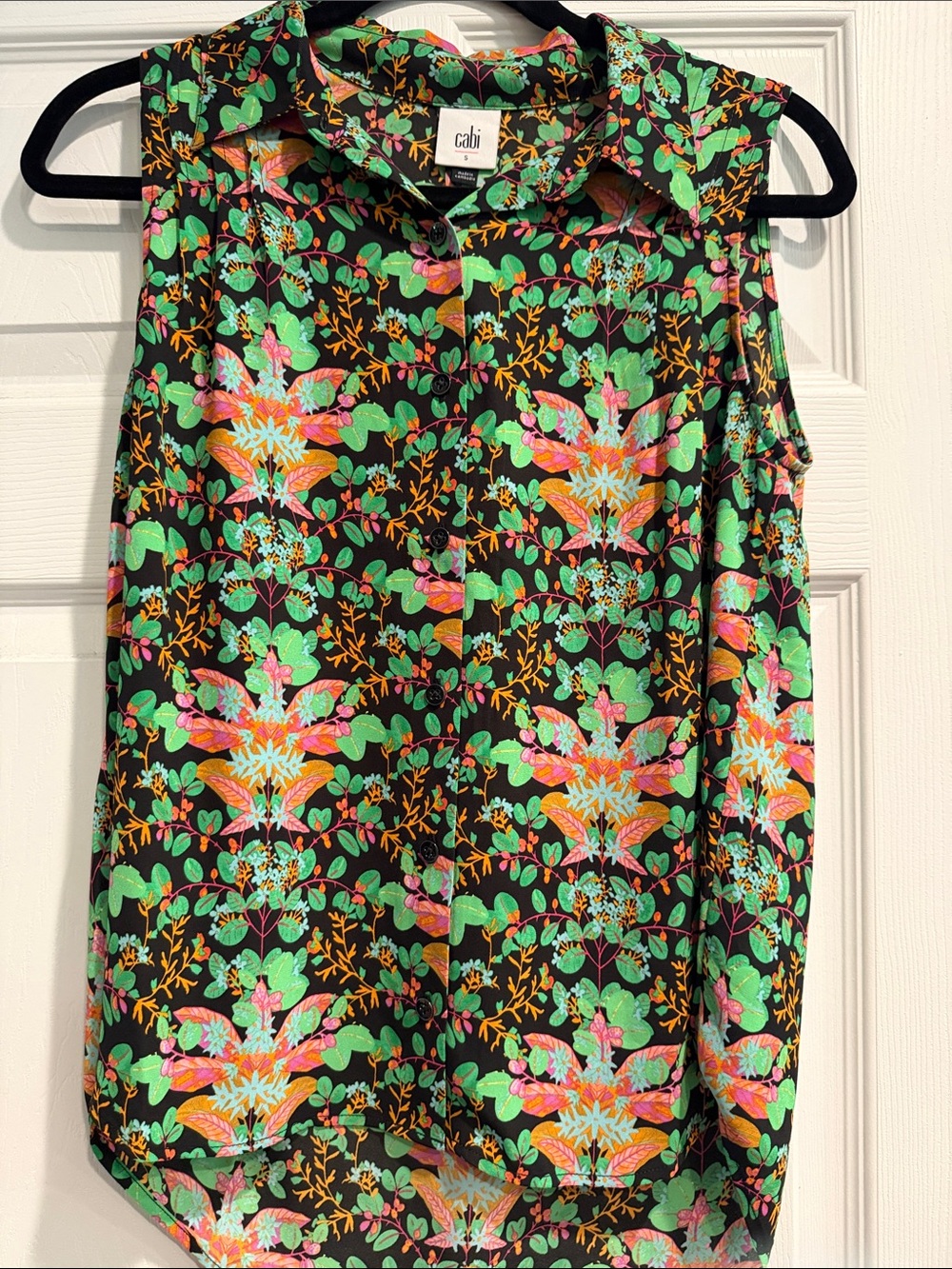 CAbi Sleeveless Floral Button-Front Camisole in Black, Green, Pink and Orange